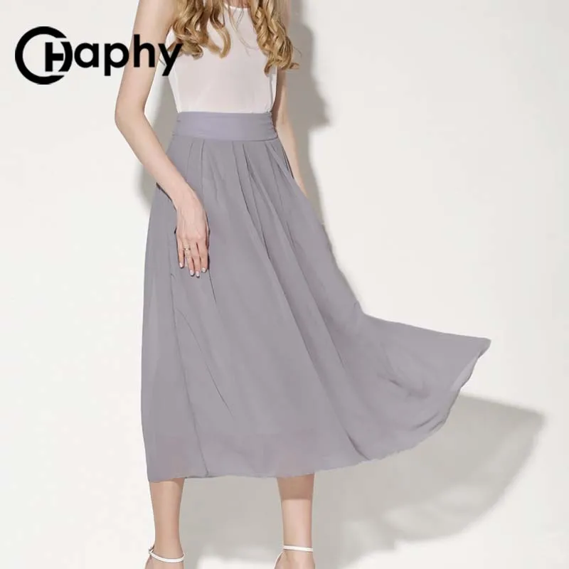 Винтаж Твердый Шифон юбки 2017 юбка лето шифон макси плиссе Мода Серый женская Юбка