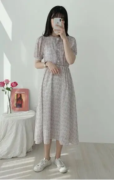 light Lavender Винтажные платья с принтом, женские модные летние платья с коротким рукавом, приталенные трапециевидные платья в консервативном стиле для девочек, одежда в Корейском стиле, дизайнерское платье - Цвет: light Lavender