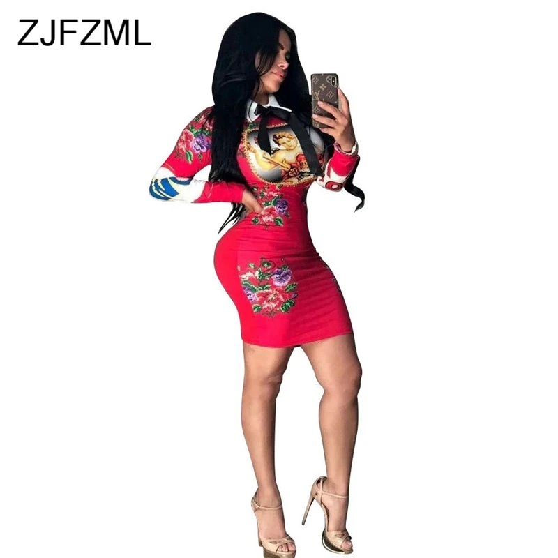 Cute Pattern Printed Peter pan Collar Sexy Women Dresses Long Sleeve Letter Party Dress Femme Club Floral Sheath Mini Robe | Женская