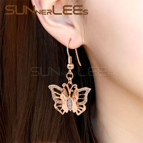 SUNNERLEES модные ювелирные изделия для женщин и девушек с фианитами цвета розового золота висячие серьги с бабочкой P53 RE