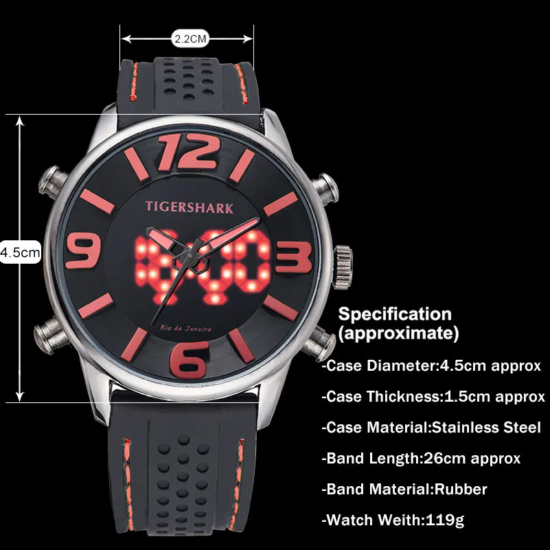 Tigershark мужская спортивные часы мужчины двойной дисплей аналоговый цифровые