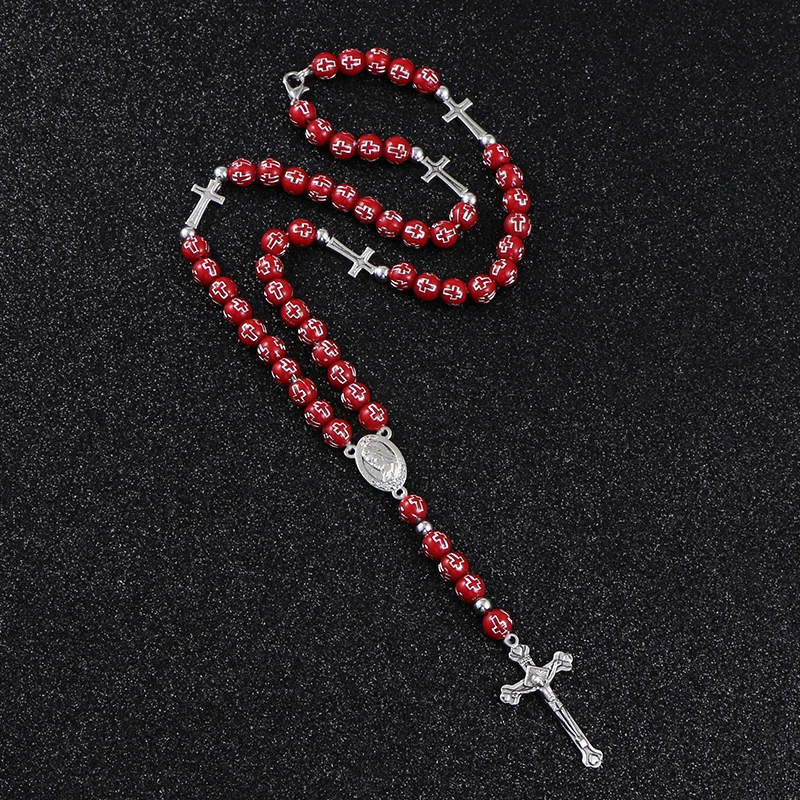Коми Новое поступление 8 мм красные бусы четки Иисуса Крест Кулон Ожерелье