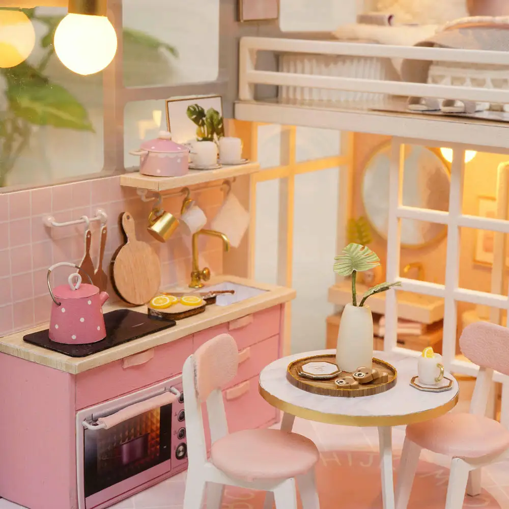 Diy Doll House Miniature Dollhouse Kit Pink Girl Apartment Mini Wooden Model Puzzle Toys for Children valentine | Игрушки и хобби