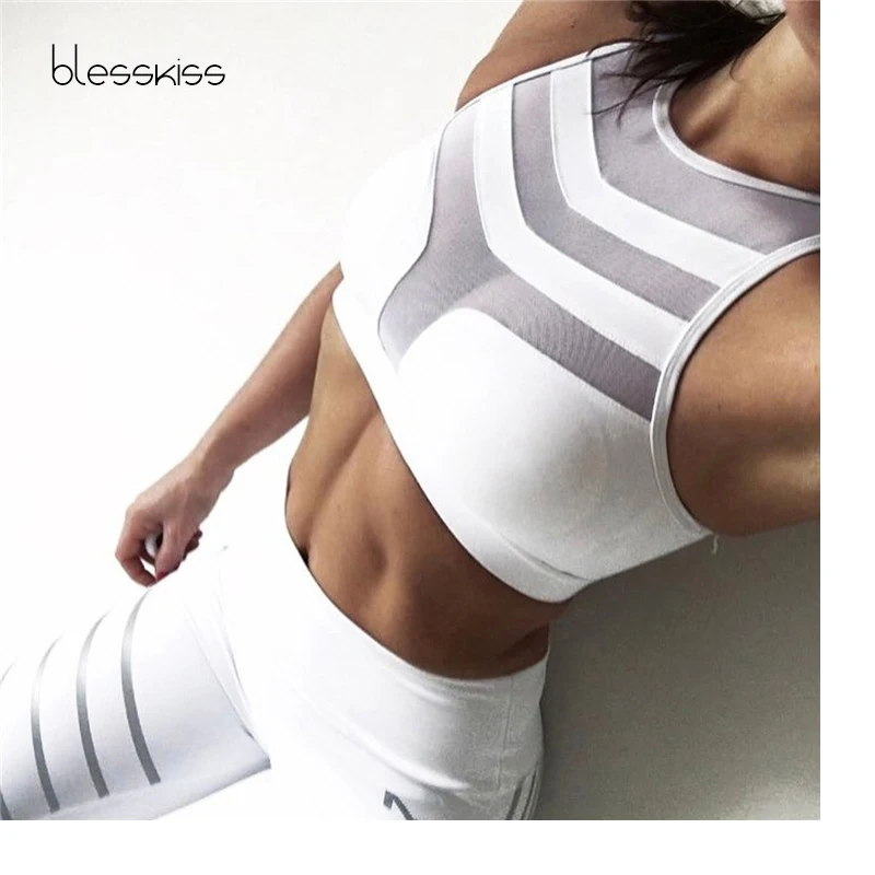 

BLESSKISS Sexy Mesh Women's Sports Bra Top Fitness Cropped Push Up Sporting Gym Top For Ladies Running Tank Top Active Wear