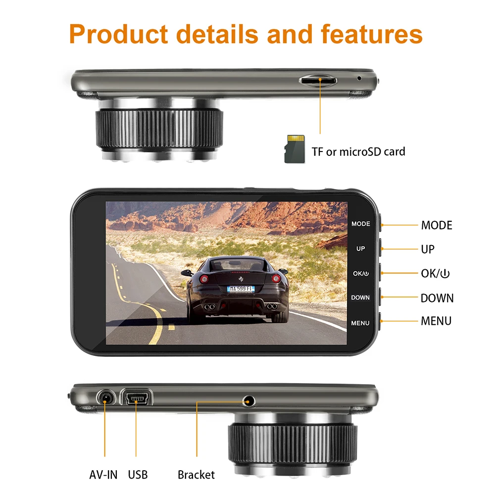 AMPrime Dash Cam Новая версия автомобильный dvr камера Full HD 1080 P 4 ''IPS на тонкопленочном