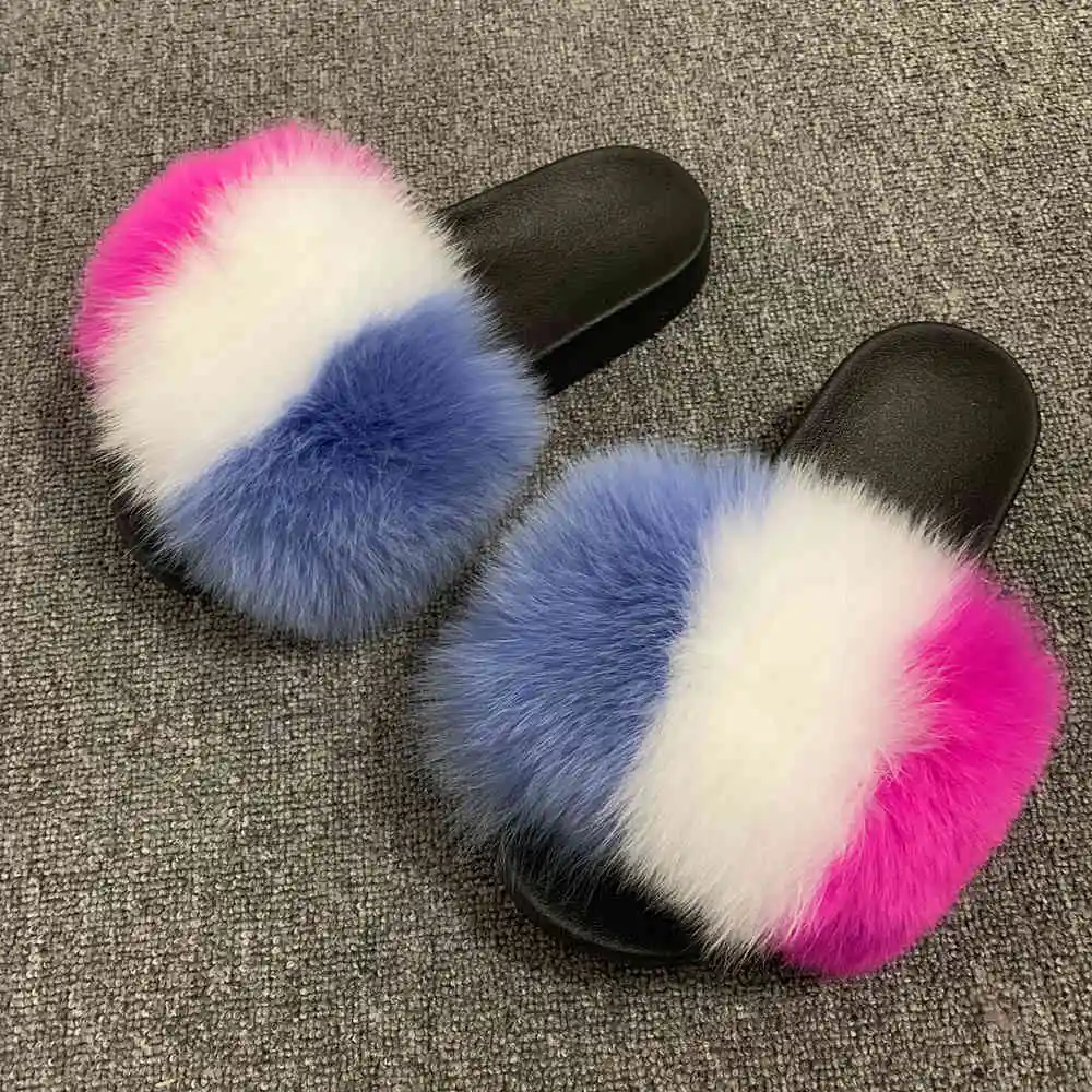 2 CCFUR New Colors Summer Slides Women's Real Fox Fur Slippers Fluffy Fur Sliders Mixed Color Fashion Lady S6048 - Цвет: 2