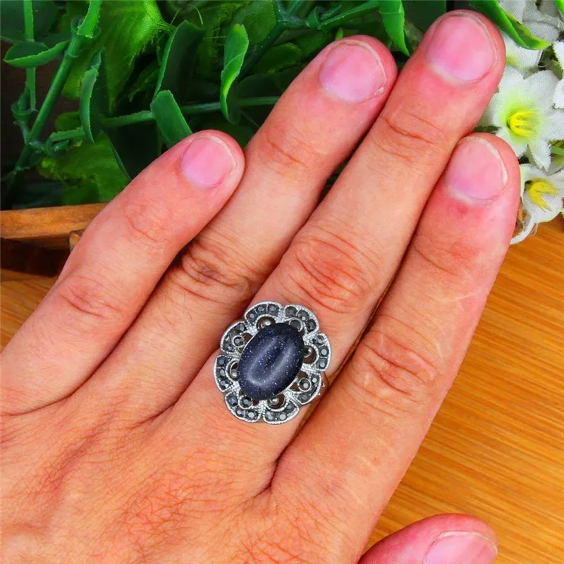 Oval Sequins Blue Stone Rings For Women Vintage Look Antique Silver Plated Rhinestone Plum Flower Fashion Jewelry TR691 | Украшения и