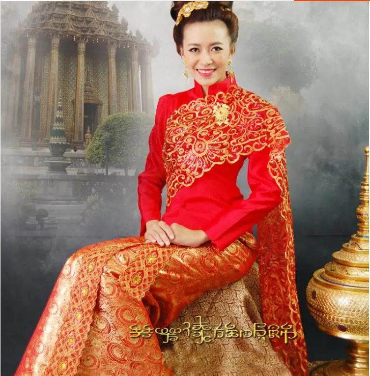 Thailand Traditional Wedding Dress Red Women Clothing Red Embroidery Spring Dai Vintage Southeast Asia