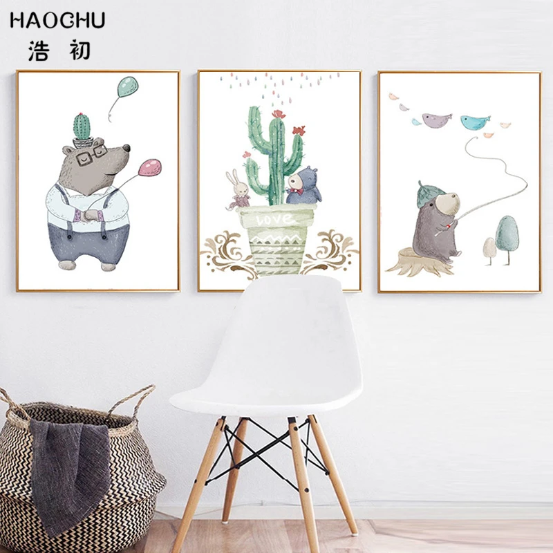 Акварельная живопись на холсте HAOCHU милое изображение животных мультфильмы