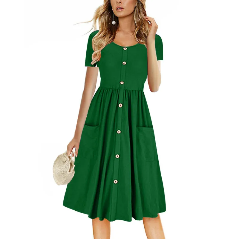 Женское Хлопковое платье до колена с круглым вырезом и коротким рукавом | Женская