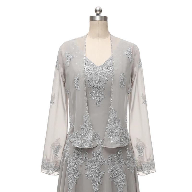 2017 Chiffon Mother of Bride Dresses with Long Sleeves Beads Two Pieces Mid Carf Wedding Party Groom Gowns | Свадьбы и торжества