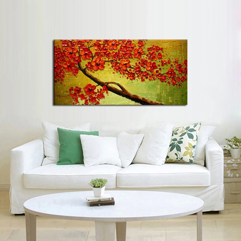 Абстрактная картина с изображением красных цветов дерева холста ножей маслом