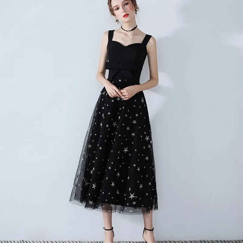 Простой Черный Спагетти ремень Кружева Vestidos De Festa без рукавов чай Длина