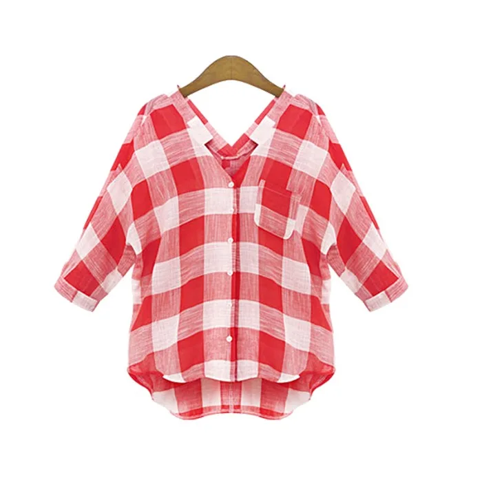Women Blouses 2019 Fashion Long Sleeve V-Neck Shirt Red Grid Blouse Casual Tops Plus Size Blusas Femininas |