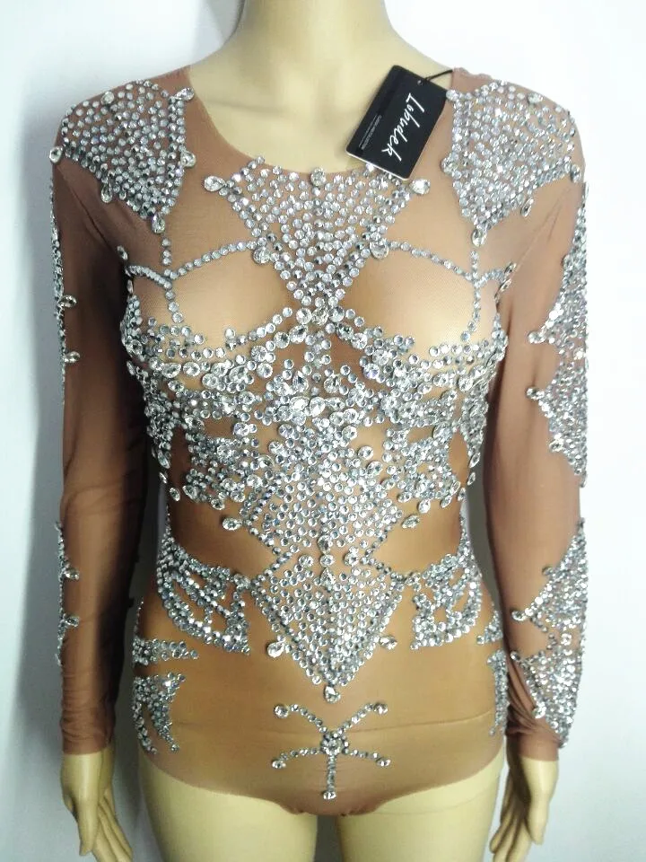 Sexy See-through female bodysuit Bright Crystals rhinestones jumpsuit nightclub Bar DJ DS costume dancer show party sexy Catsuit