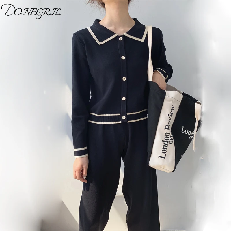 

2020 Spring New Knit Wide Leg Pants Set Women French Elegant Cardigan Top Two Piece Set