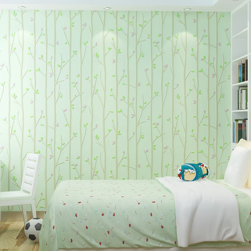 

Скандинавские свежие обои с зелеными деревьями для детской спальни домашний декор рельефная бежевая розовая ветка настенная бумага