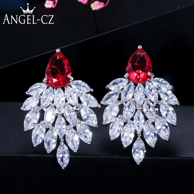 ANGELCZ Роскошные Большие вечерние серьги для женщин Marquise AAA красный Фианит белый