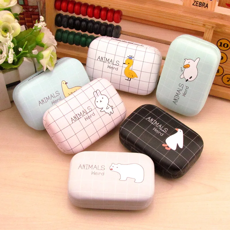 

New Cute cartoon animal Lenses box Partner box Iron box High quality Contact lens case Multicolor mixed 10pcs 8.5X5.5X2.5cm