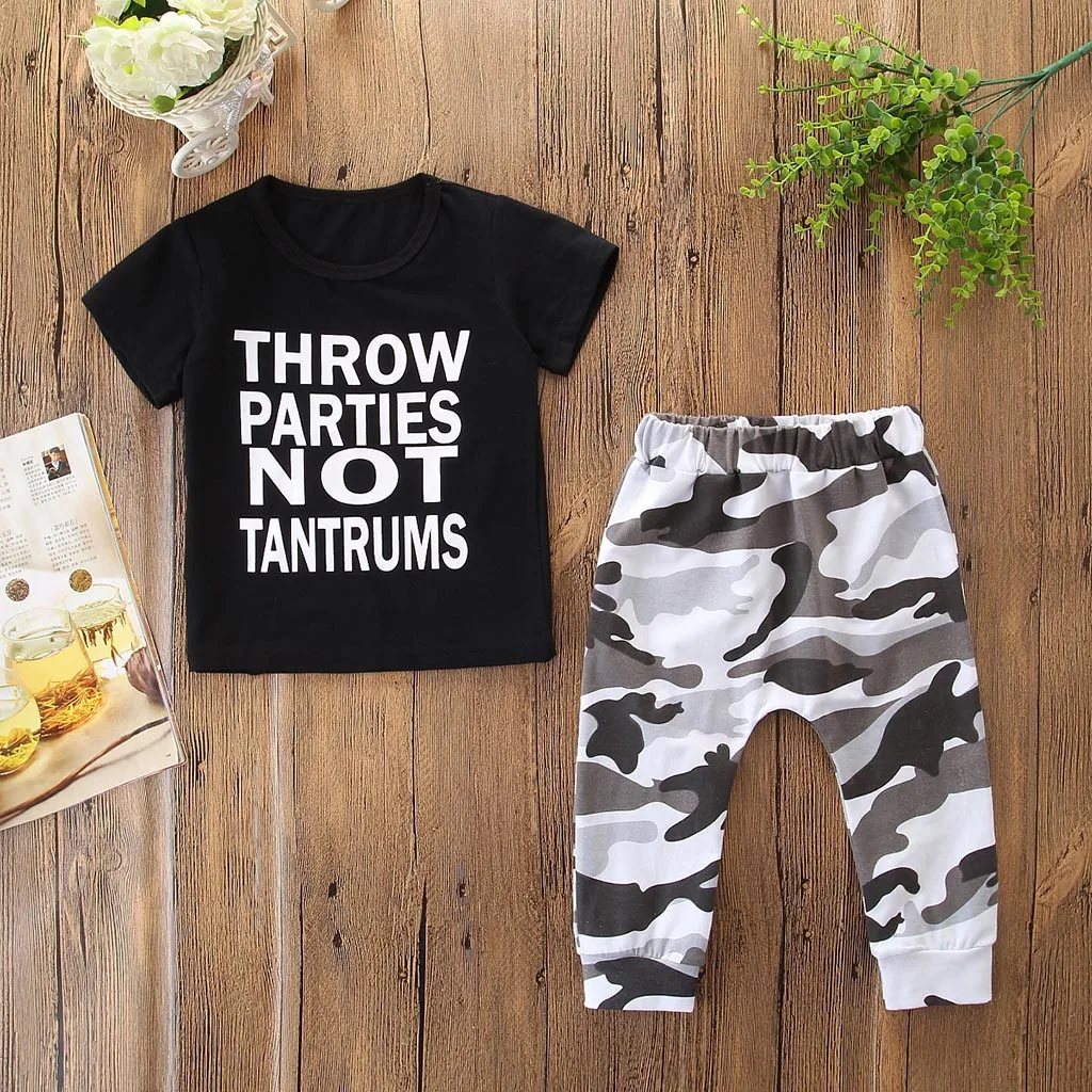 Toddler Kids Baby Boys Outfits Clothes Letter Print T-shirt+Camouflage Pants Set |