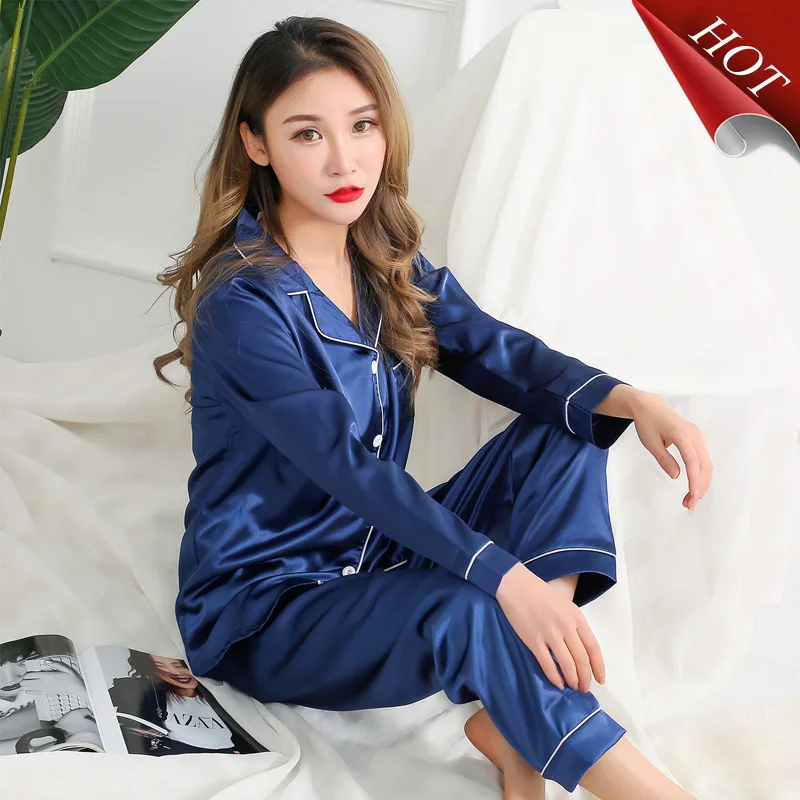 8041 lan women Comfortable Pyjamas Plus Size 3XL 4XL 5XL Long Sleeve Casual homewear Autumn solid Pajama Sets Silk Satin Sleepwear Suit - Цвет: 8041 lan