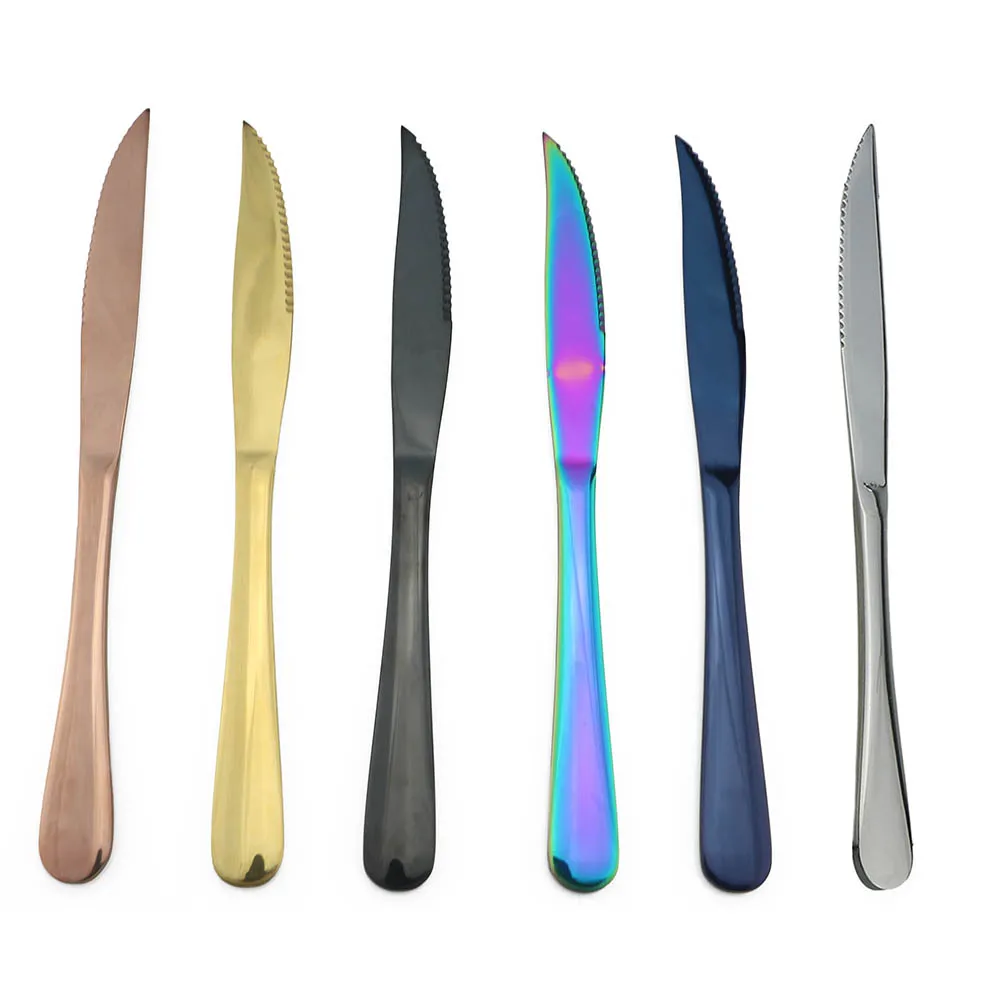 

Modern Royal 6 Pcs Shiny Steak Knife Black Rainbow Blue Plates Stainless Steel Cutlery Dinnerware Set Serrated Dinner Knives Set