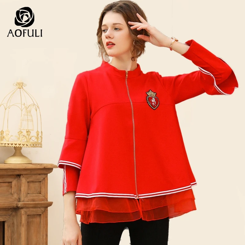 Стильное женское пальто AOFULI L ~ XXXL 4XL красное Марлевое Пестрое с рюшами и длинным