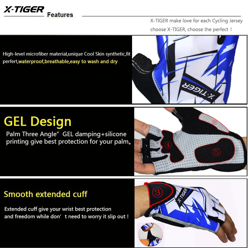 Фото X-Tiger высококачественные шестигранные 3D гелевые противоударные спортивные перчатки с полупальцами MTB велосипедные перчатки №4