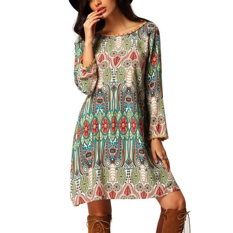 Женское платье-мини Boho Осеннее повседневное Пляжное с длинным рукавом и принтом |