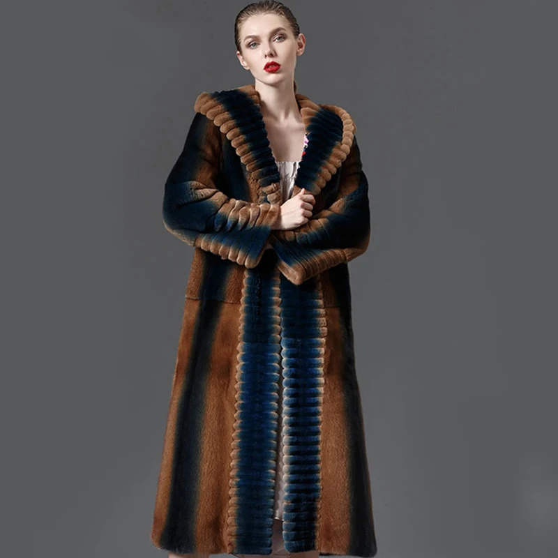 LVCHI Winter 2019 Mink Fur Coats Women's Hat Long Sleeve Coat Full Pelt Ruffles Neck Real Natural Fur X-Long Causal Mink Coats