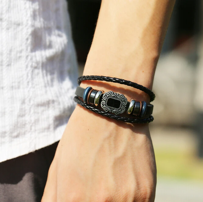Punk Black Leather Charm Bracelets Vintage Anime Weave Beads Men's Iron Buckle Fashion Jewelry Bangles E18 |
