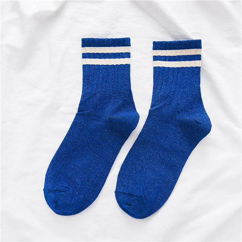 blue stripe Полосатые блестящие носки для женщин, модные хлопковые носки с серебряной проволокой для школьниц, весенне-осенние повседневные теплые длинные носки - Цвет: blue stripe