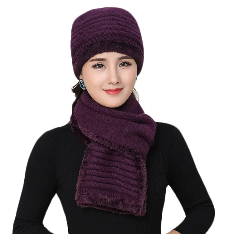 dark purple Новинка, зимняя женская шапка из кроличьего меха, шарф, набор, теплые шерстяные вязаные плюшевые шарфы, 2 шт., вязаная шапка, шапка для мамы, подарки, крученая флисовая шаль - Цвет: dark purple