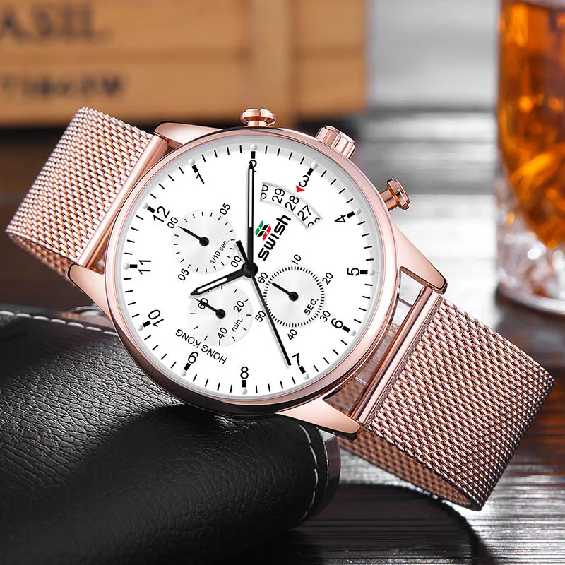 Rose Gold White SWISH, кварцевые часы от ведущего бренда, мужские спортивные водонепроницаемые наручные часы с календарем, мужские часы из нержавеющей стали, 3 цвета - Цвет: Rose Gold White