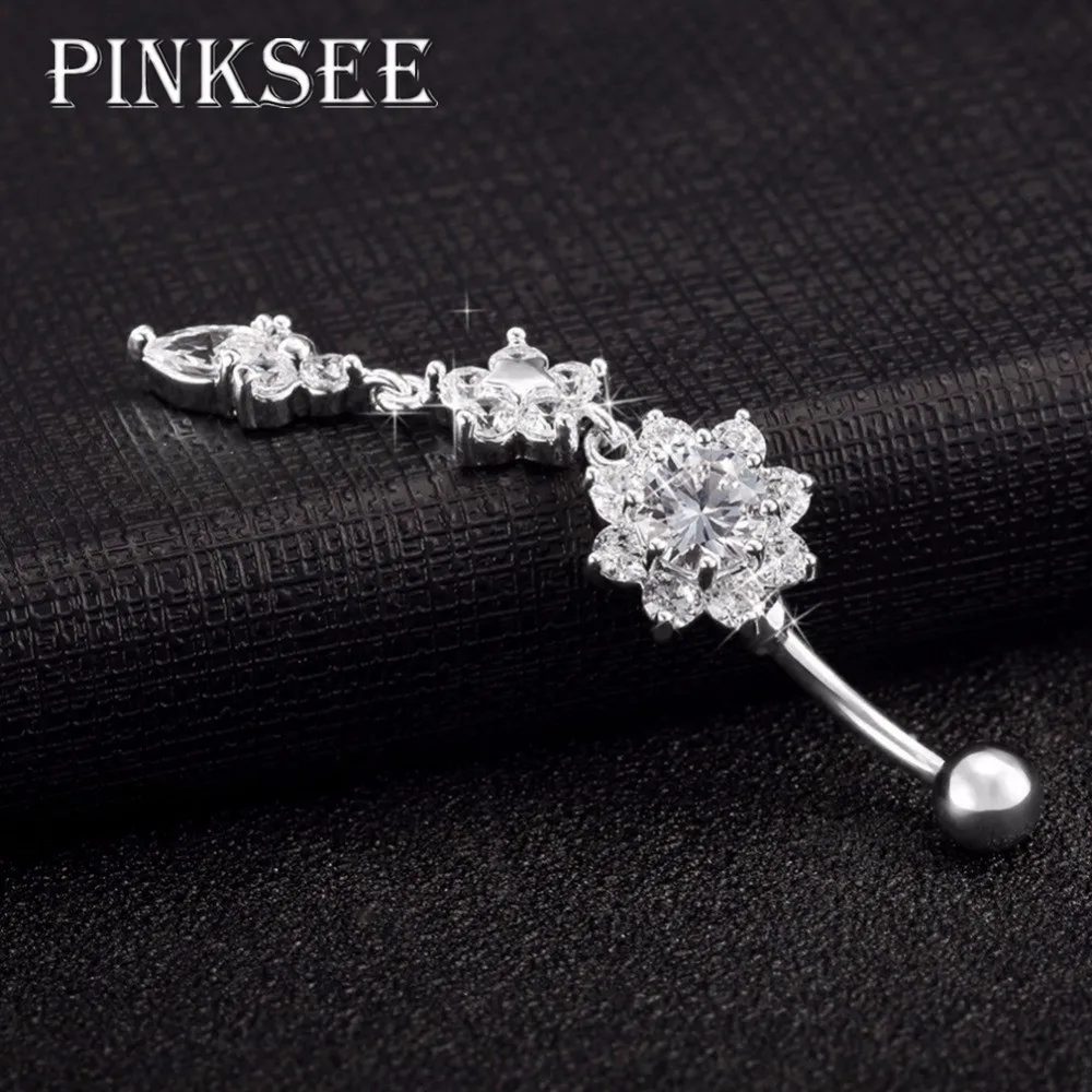 Женское кольцо для пупка PINKSEE из нержавеющей стали с кристаллами золотым и