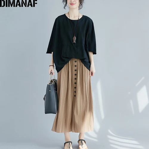 DMN98090CN-hei DIMANAF размера плюс, женская блузка, рубашка, летняя Женская Базовая футболка, хлопок, лен, большой размер, рукав летучая мышь, свободная повседневная женская одежда - Цвет: DMN98090CN-hei