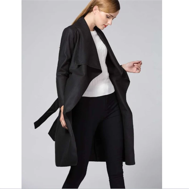 

Solid Plus Size 2019 Slim Solid Long Fall Coat Women Lace Up Blue Belt Casual Fashion Coat