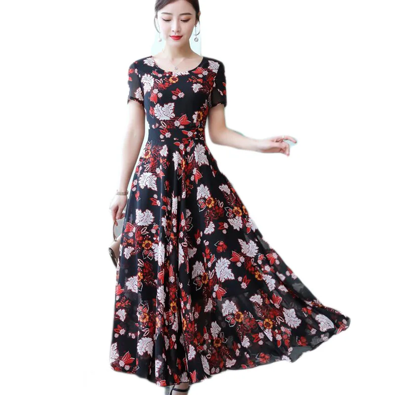 Women Summer Dress Plus Size Short-sleeved Chiffon Sunflower Long Slim Waist Rockabilly E199 | Женская одежда
