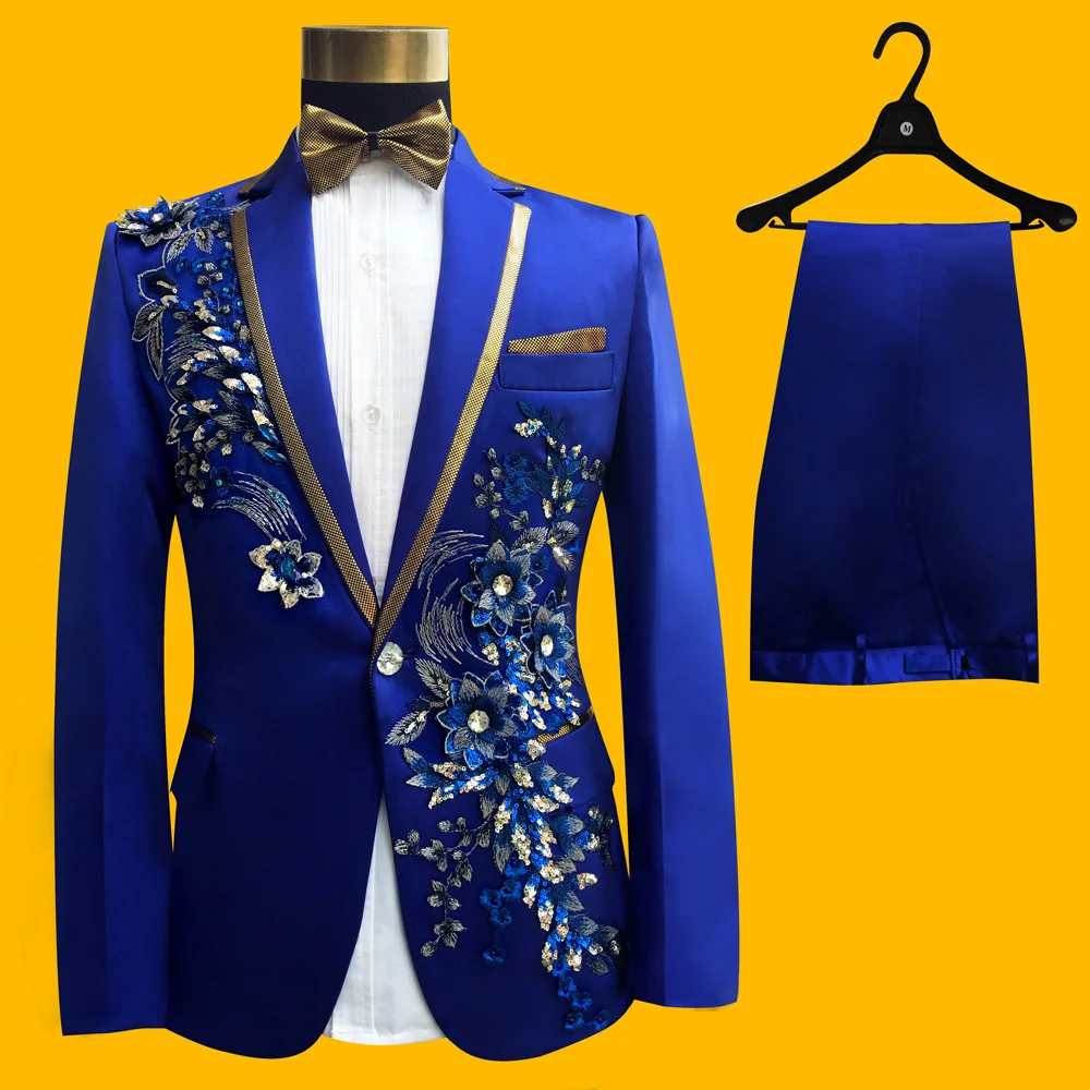 

Three Pieces Set Men's Singers Suits Sequins Embroidered Flower Wedding Suit Tuxedo Groom Wedding Party Suits For 2018
