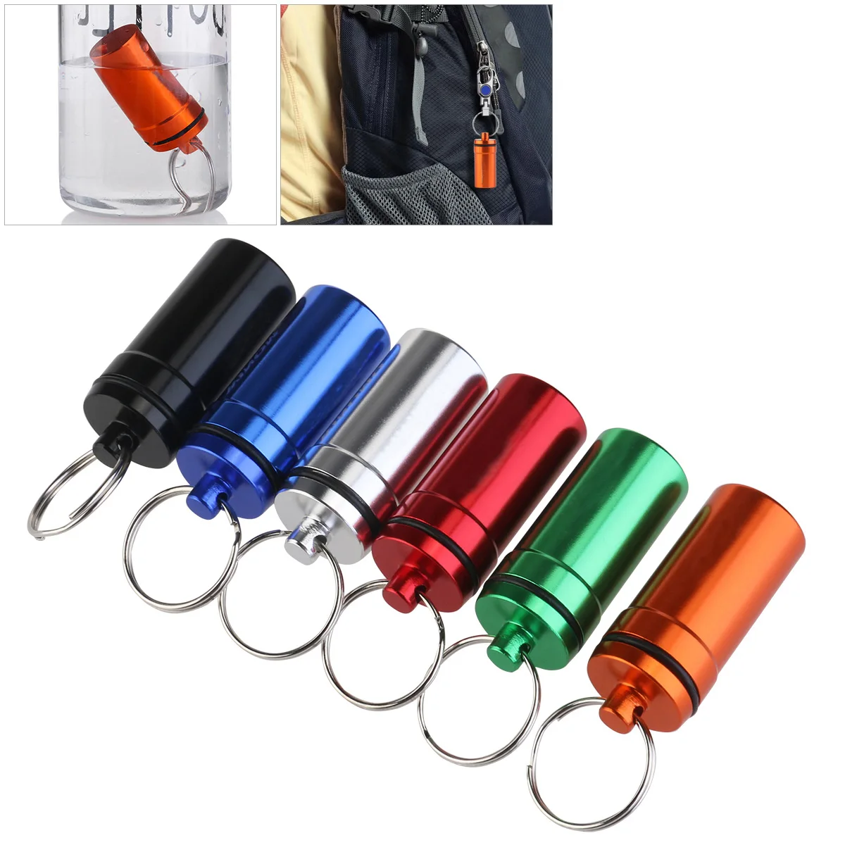 6pcs Waterproof First Aid Container Pill Holder Keychain Case (Black &amp Red Blue Silver Orange Green) | Спорт и развлечения