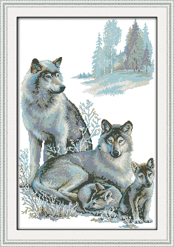 

A wolf family cross stitch kit 14ct 11ct pre stamped canvas cross stitching animal lover embroidery DIY handmade needlework