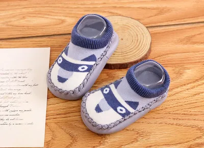 6colors Fox Cartoon printing footwear Floor Socks Faux Leather walking kid infant boys girls winter warmer for children - Цвет: A0203-dark blue