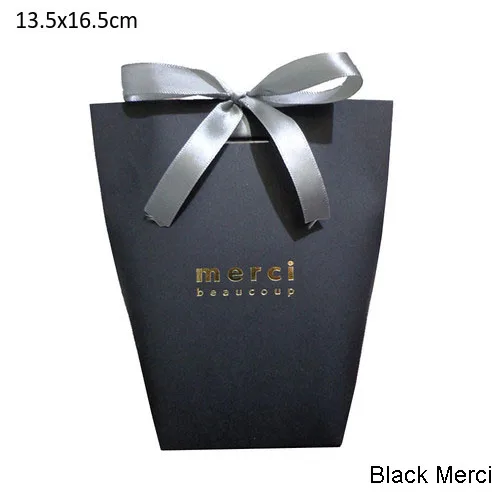 13.5X16.5cm merci 20 шт черно-белый крафт-бумажный пакет бронзированный французский "Merci" Спасибо Подарочная коробка посылка для свадебной вечеринки конфетные пакеты с лентой - Цвет: 13.5X16.5cm merci