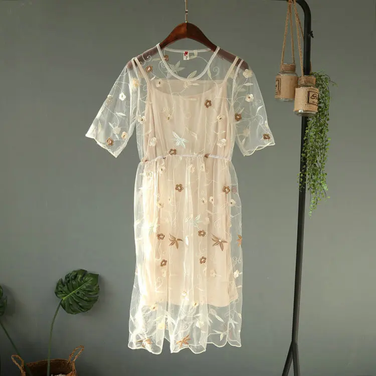 women dress 2 шт., элегантное женское летнее платье с коротким рукавом, Вышитое кружевом, цветами, Тюлевое платье, женское тонкое сетчатая вуаль средней длины с высокой талией - Цвет: women dress