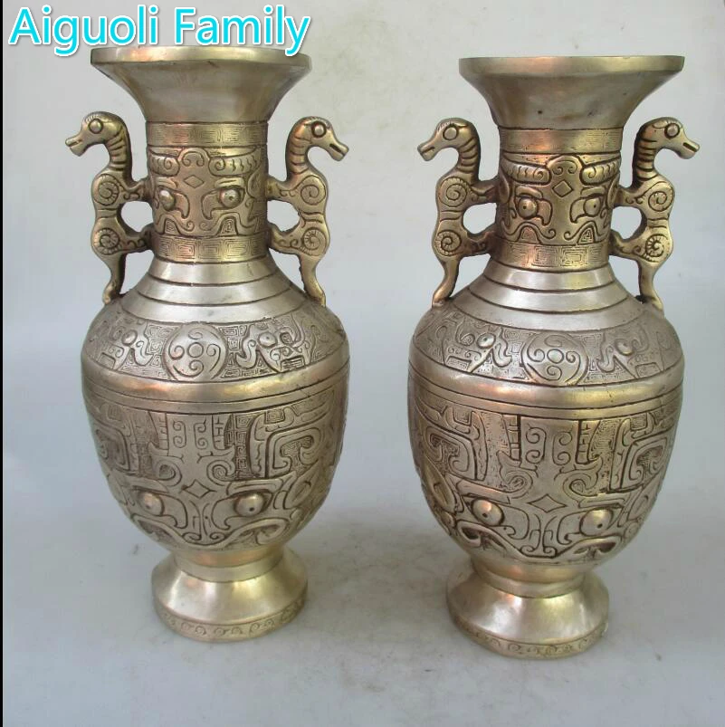 

Коллекционная бинауральная ваза из тибетского серебра ручной работы 1 пара из Китая династии Мин/Цин/старинная металлическая ваза
