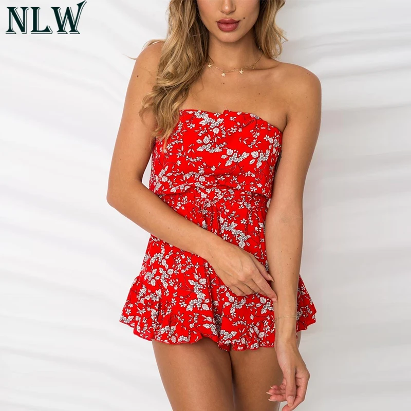 NLW красный Boho цветочный принт сексуальные костюмы летние шифоновый комбинезон 2018