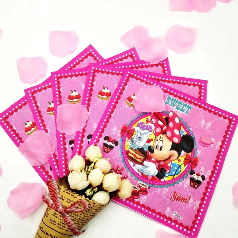 napkin 10PC Минни Маус с днем рождения Детские вечерние украшения салфетка для посуды тарелка чашки коробки скатерть баннер красный розовый подарочный набор - Цвет: napkin 10PC
