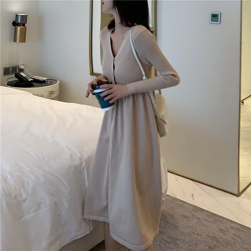 Платье корейское летнее vestidos Новое поступление OLN модели Новое приталенное Утягивающее Модное Длинное вязаное платье с v-образным вырезом