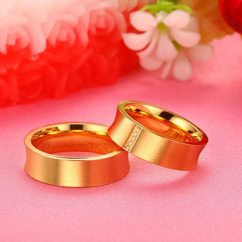 Золотистое кольцо с фианитом Anel De Casamento матовое обручальное из нержавеющей стали
