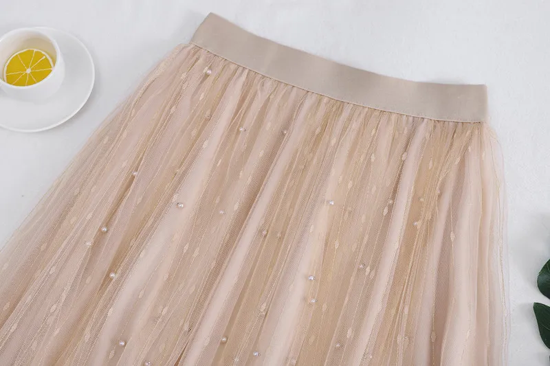 New Korean Skirts Womens Tulle Skirt Beaded Fashion Wild Big Swing Star Mesh Skirt High Waist Pleated Saias Plus Size